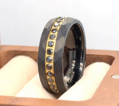 with Black CZ Center Eternity Men Engagement Ring Hammered Tungsten Gold Plated