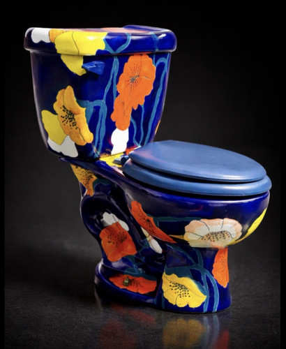 Hand-Painted Mexican Pottery Two Piece Toilet Blue Floral Round Bowl