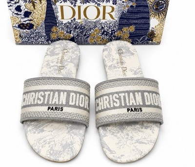 Christian Dior Dway Slides Gray Toile de Jouy Women s Sandals EU 39 w/ Box