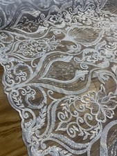 White Beaded Lace Fabric, Sequined Embroidered Tulle, Bridal Lace Evening Gown