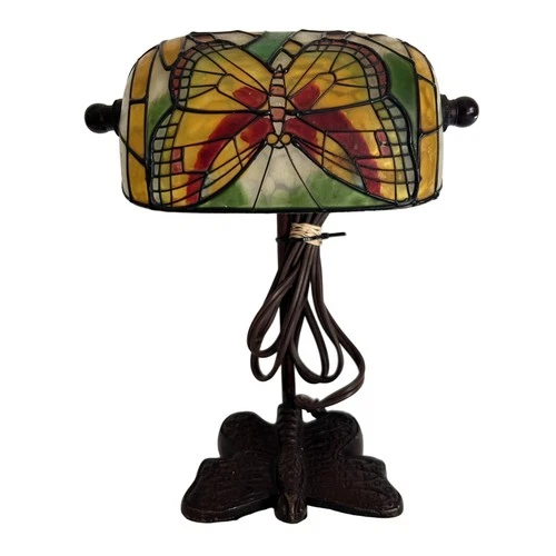 Vintage Tiffany Style Bankers Stained Glass Butterfly Desk Lamp
