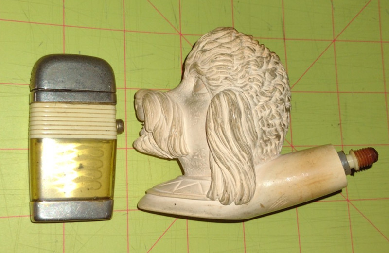 Antique Meerschaum Tobacco Smoking Pipe Poodle Dogs Head Bowl And Lighter
