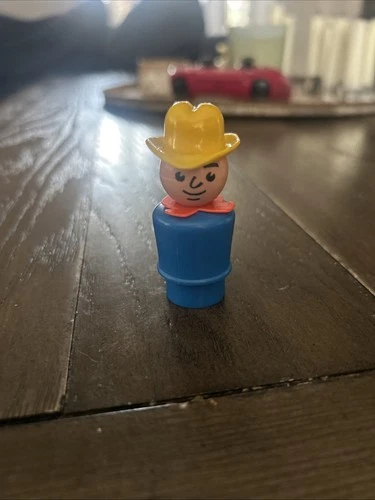 Vintage Fisher Price Little People Plastic Blue Man/Farmer/Cowboy Hat Red Scarf
