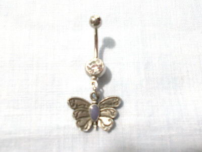 Butterfly with Engraved Wings and Lavender Body on 14g Clear CZ Belly Ring