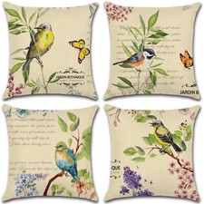 Set of 4 Pillow Covers 18x18, Birds on Branches Butterflies Style Linen Fabric