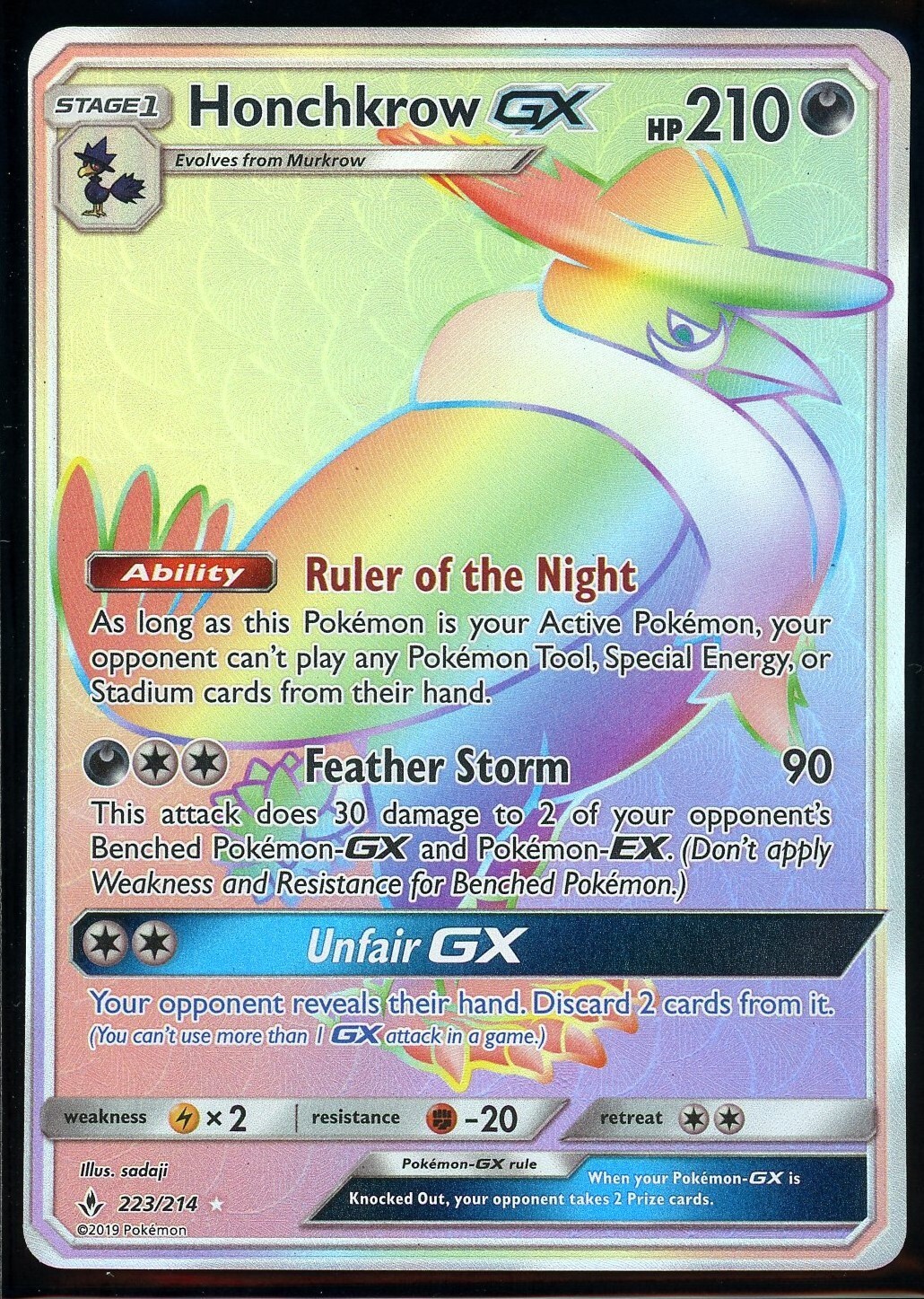Honchkrow GX 223/214 Sun & Moon Unbroken Bonds Rainbow SECRET RARE