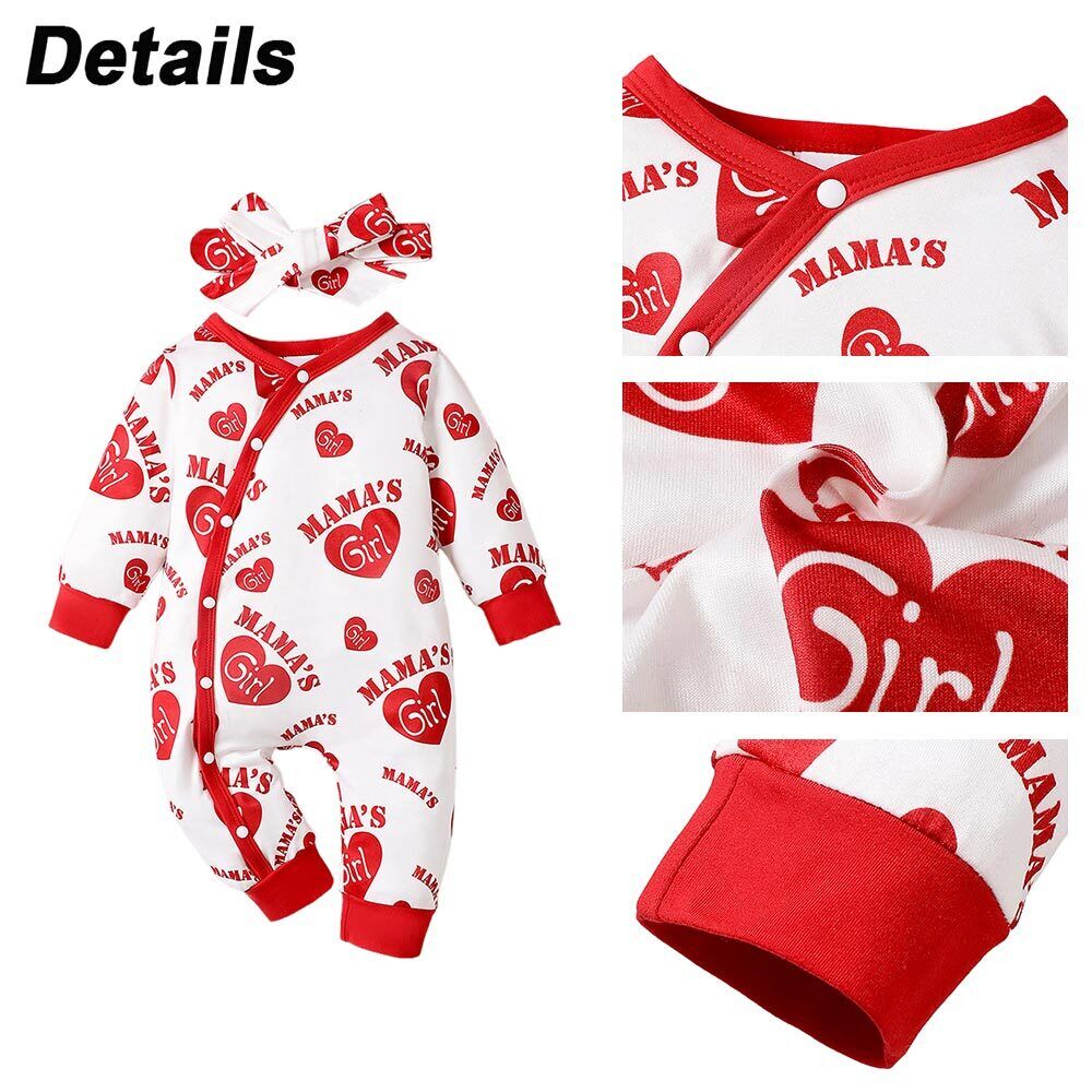Baby Girls Heart Print Long Sleeve Romper Tops Headband Sets Infant Outfits 2PCS