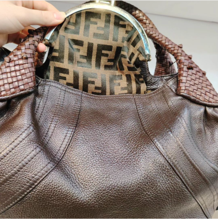 FENDI Zucca Pattern Handbag Spy Bag Genuine Leather Brown Used eBay
