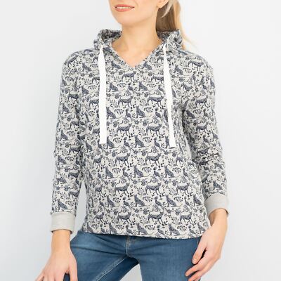 Boden Damen Hoodie Sweatshirt Jersey Animal Print Lounge grau meliert Katze Vogel