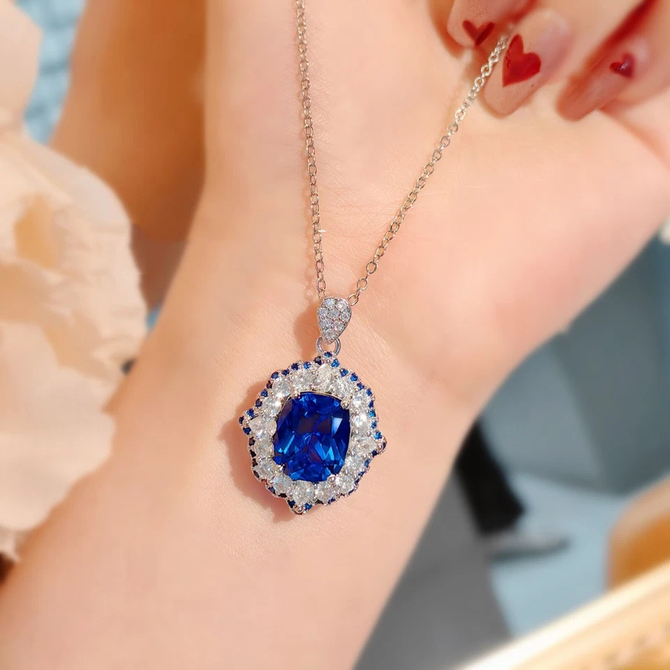 NEW Charm Spinel Blue Topaz Gemstone Luxury Women Girl Silver Necklace Pendant - Image 2 of 4