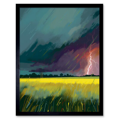 Lightning Strike Over an Open Countryside Field Framed Art Picture Print 9X7 In