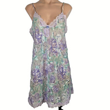 VTG LA Intimates Shiny Roses Sheer Babydoll Multicolored Floral Slip Dress sz M