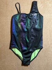 Justice Sport Girl XL 16/18 Black Iridescent Shine Metallic Lime Green Swim Suit