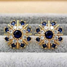 Round Cut Sapphire  Lab Created Diamond Wedding 14K Yellow Gold Finish Earrings