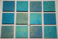 1176.31 - 12 TRANSPARENT IRIDIZED PEACOCK BLUE 1" x 1" BULLSEYE 3mm GLASS 90 COE