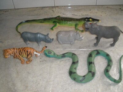 LOT OF 6 PLASTIC ANIMALS ALLIGATOR HIPP RHINO TIGER SNAKE