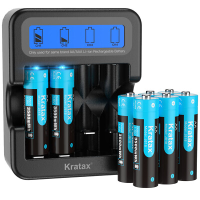 Kratax 8-Pack 1.5V AA  Rechargeable Lithium Batteries with Fast LCD Charger