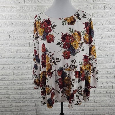 Time & Tru XXL Top Red Gold Floral Bell Sleeve Blouse Back Keyhole Plus Size 2XL