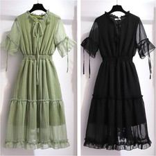 Women Chiffon Dress Ruffle Hem Flare Short Sleeve A-Line Smocked Knee Length