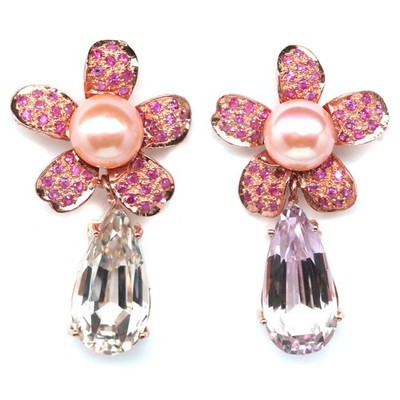 Thai Handgefertigt 15 x 21 Mm. Pink Kunzit (20.5 Karat Perle & Saphir Ohrringe