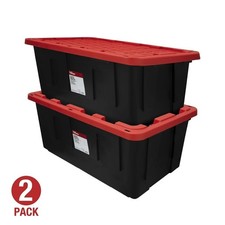50 Gallon Snap Lid Wheeled Plastic Storage Tote Black Base and Red Lid Pack of 2