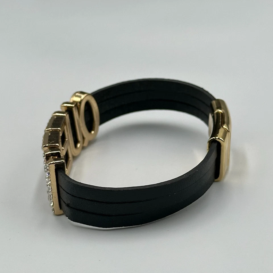 Pulsera Queen Tono Dorado Cuero Negro Banda Estrás Letra Cierre Magnético Foto 4 de 4