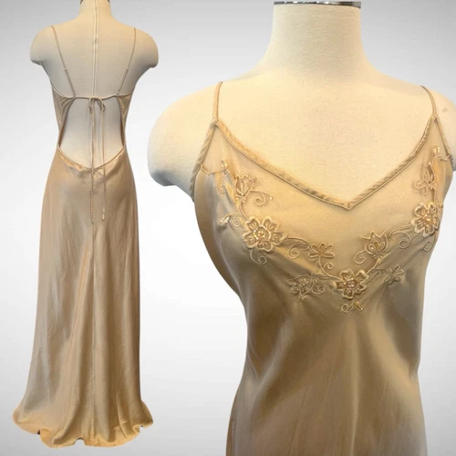 UNDERCOVER Maxi abito slip Y2K Victoria’s Secret seta champagne maglia ricamo floreale