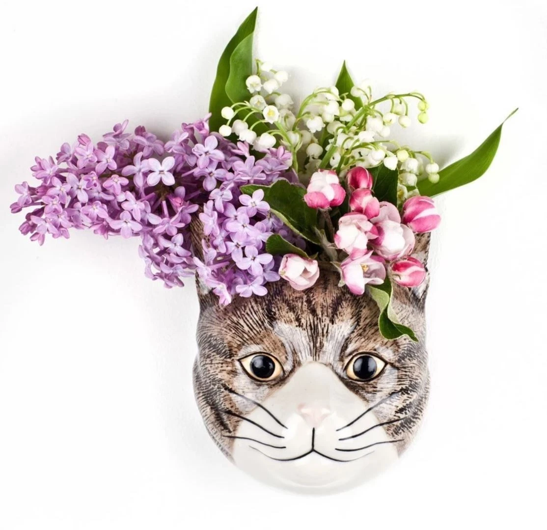 White Grey Cat Head Figurine Ceramic Vase Wall Mounted Flower Plant Home Decor