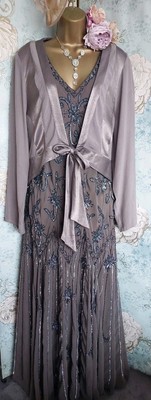 Chesca Ann Harvey Grey Taupe Beaded Long Dress 20s wedding Occasion Evening  24
