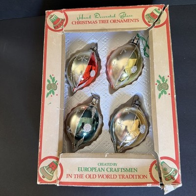 Vtg COMMODORE Hand Decorated Glass Christmas Tree Ornaments Original Box NY