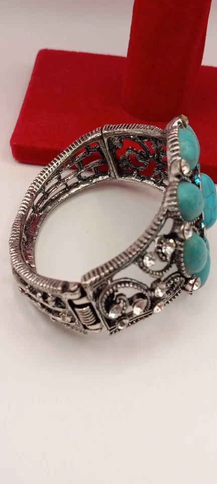 Silver Tone Turquoise Blue Howlite Statement Hinged Bracelet W/Rhinestones  - Image 3 of 4