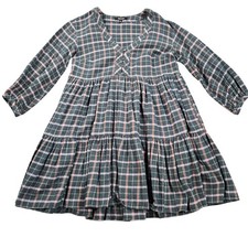 Madewell Dress Womens 00 Green Plaid Tiered Babydoll Long Sleeve Cotton Mini