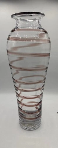 Blenko Glass #8912L Spiral Swirl Vase 16" Crystal with Plum Spirals Hank Adams