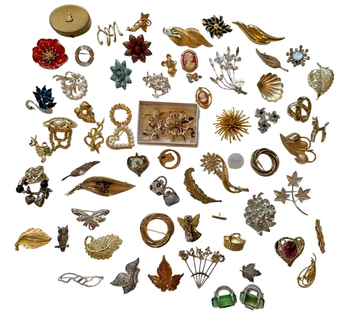 Vintage Brooch & Pin Lot Mid Century Costume Jewelry Floral Rhinestone Gold Tone