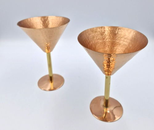2 Hammered Copper Rose Cocktail Glasses Gold Tone Martini Glass 200ml - Picture 2 of 5