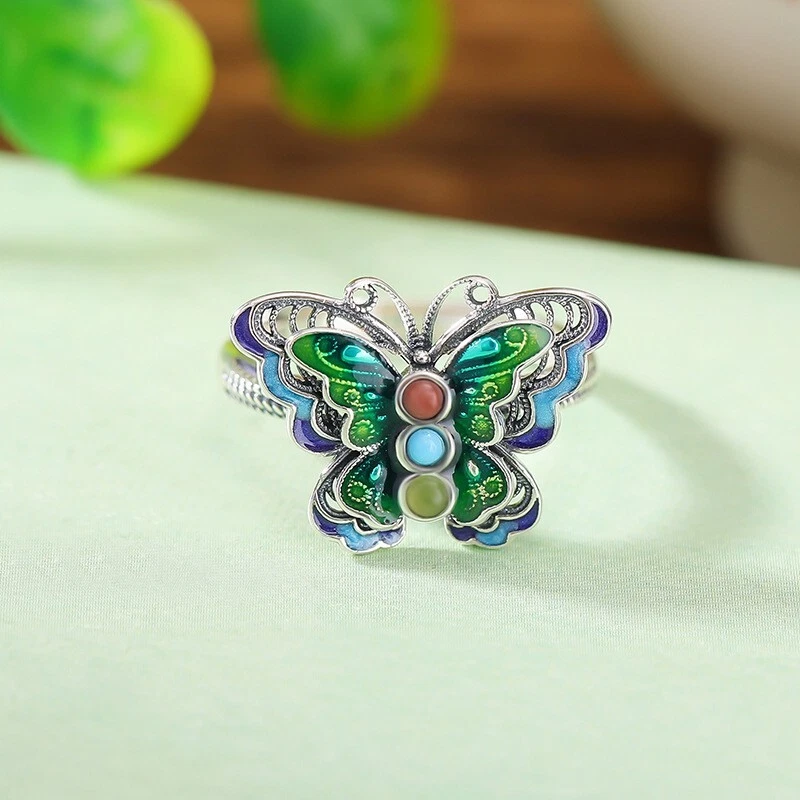 F02 Anello Colorato Smaltato Farfalla Con Giada E Agata Argento Sterling 925 - Immagine 2 di 4