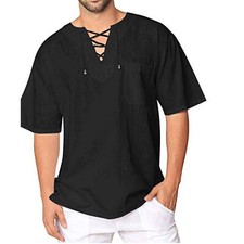 Men T-shirt Cotton Linen Blouse V Neck Lace-up Short Sleeve Casual Beach Tee Top