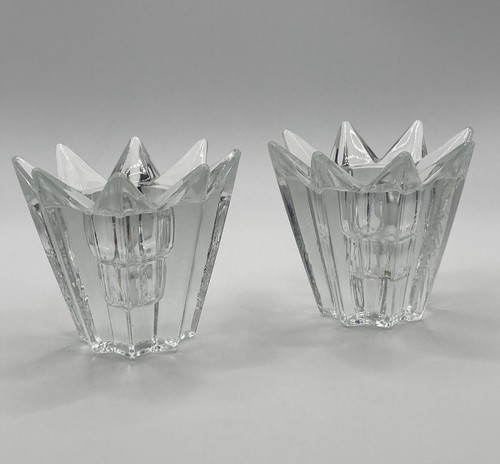 Juego de 2 candelabros de pilar Art Deco de vidrio transparente estrella puntiaguda de colección - Imagen 3 de 5