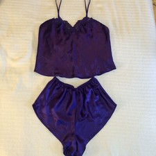 Vtg Victorias Secret Purple Cami And Shorts Set Satin Lace Gold Label Sz S/M