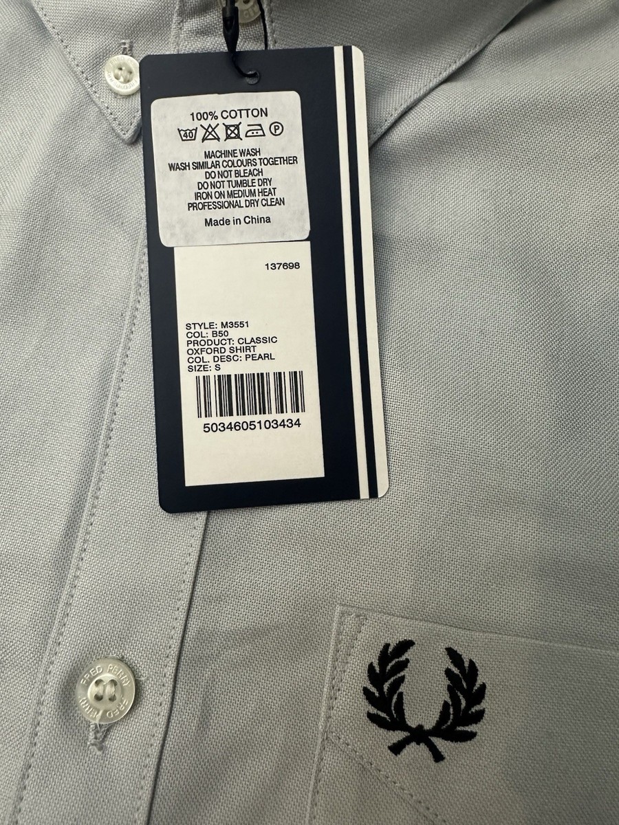 Fred Perry Oxford Shirt Pearl Blue Long Sleeve Mens Small BNWT