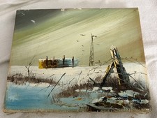 Dipinto ad olio firmato Everett Woodson paesaggio invernale innevato 8”x10” 