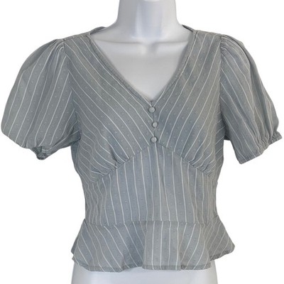 Calista Light Blue Striped Swiss Dot Peplum Top Short Puff Sleeve V-Neck Small