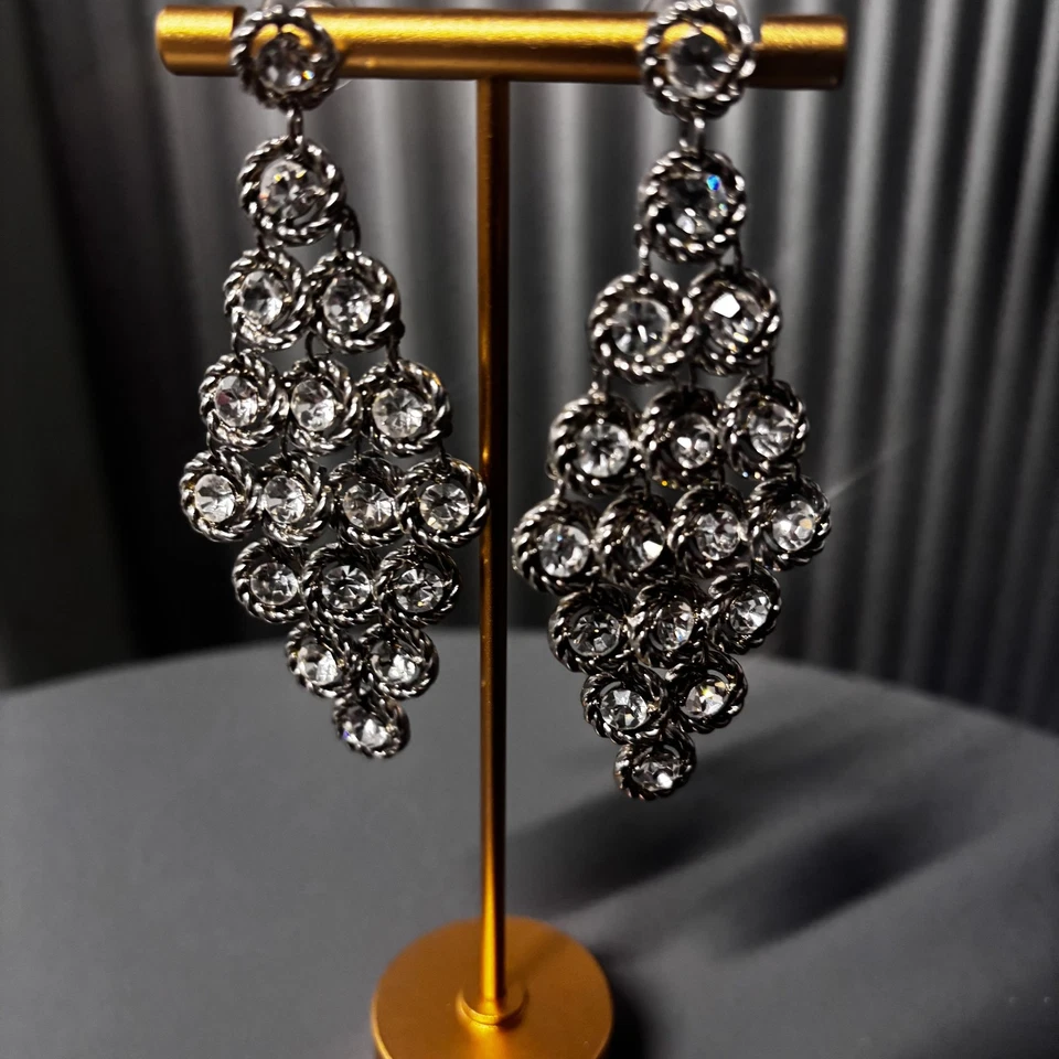 Statement Chandelier Earrings Silver Tone Clear Rhinestone Crystal Post Dangle - Image 4 of 4