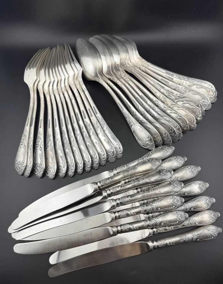 Винтажный русский посеребренный обеденный набор столовых приборов Melchior 1970-е на 12 персон - Изображение 2 из 4