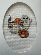 COMPLETED FINISHED CROSS STITCH CARD "HALLOWEEN PUMPKIN & BOO”
