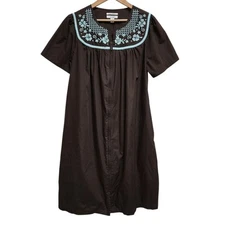 Go Softly Patio House Dress Womens M Brown Floral Embroidered Zip Duster Lounge