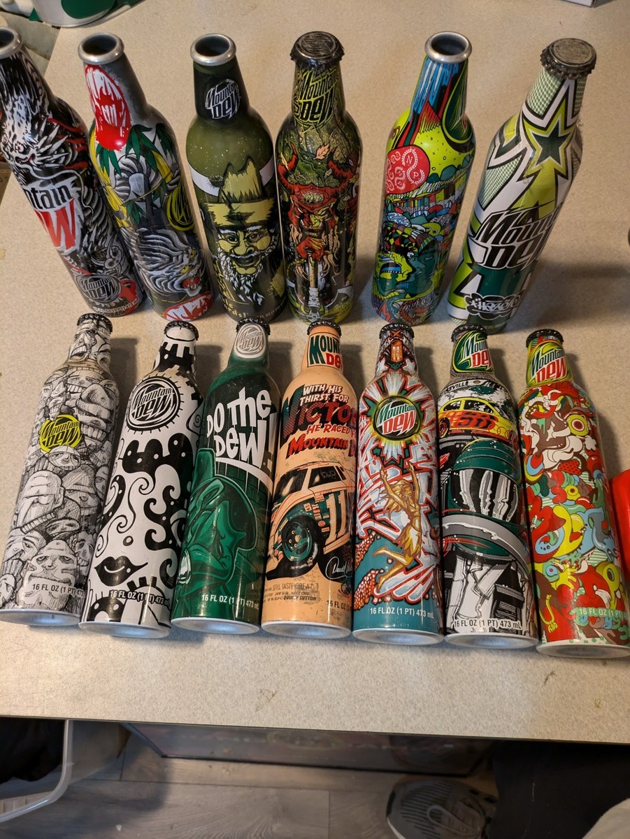 Lot Of 13 - 7 Full Mountain Dew Green Label Art Aluminum Bottles
