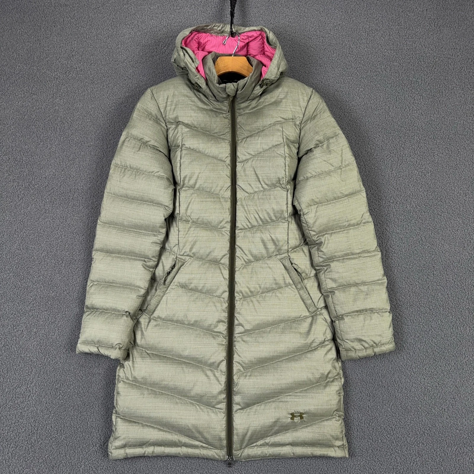 Under Armour Coat Womens Small Green Hooded Down Puffer Long UA Storm Jacket