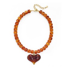 Chunky Beaded Heart Pendant Necklace for Women, Brown Resin Heart Pendant