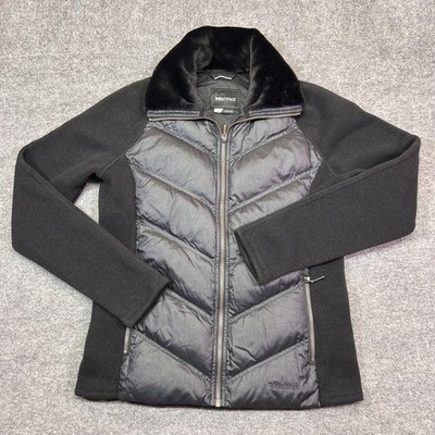 Marmot Jacket Womens Large Black Knit Sleeve Down Puffer Full Zip 700 Fill